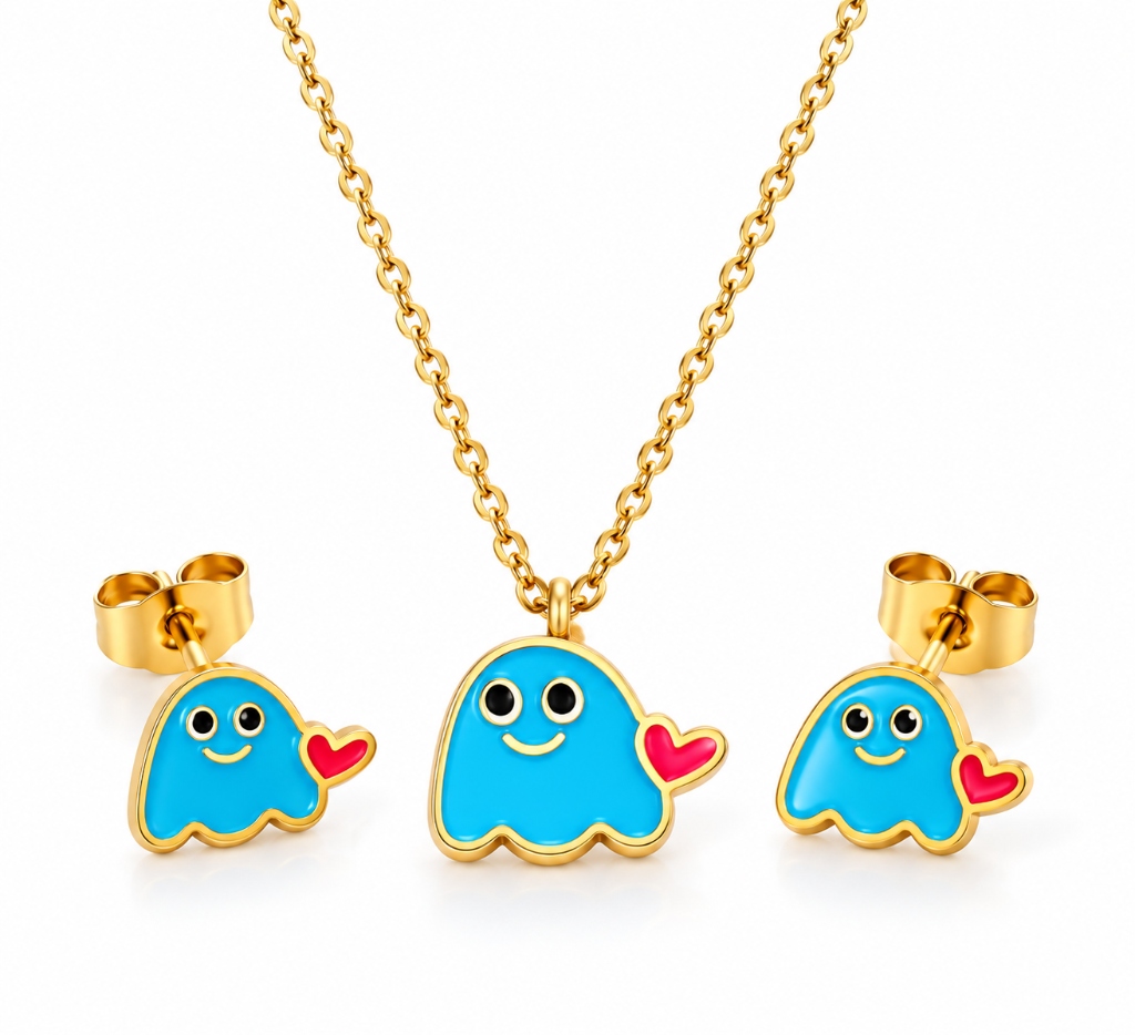 Cute Sky Blue Ghost & Heart Necklace & Earrings Set